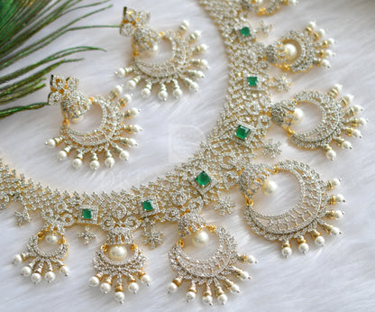 Two tone cz white-emerald diamond look alike pearl designer necklace set dj-34453