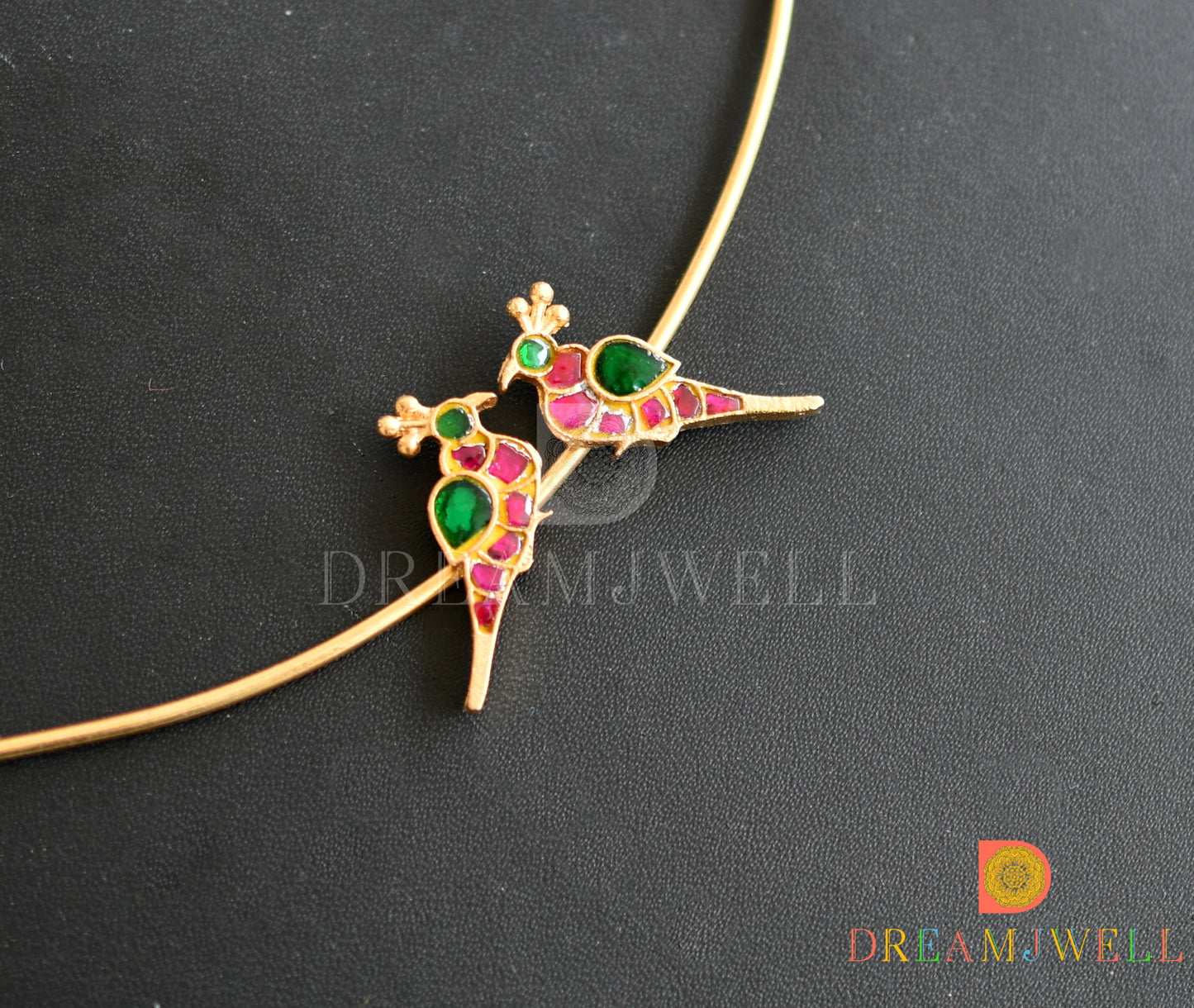 Gold tone pink-green kundan jadau bird hasli necklace dj-38168