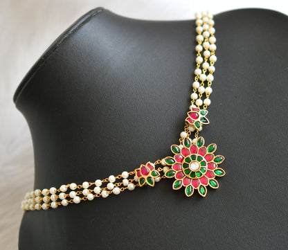 Gold tone pink-green-white kundan jadau Lotus pearl choker necklace dj-41827