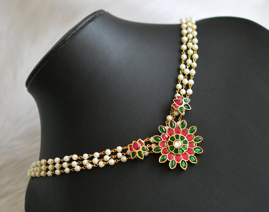 Gold tone pink-green-white kundan jadau Lotus pearl choker necklace dj-41827