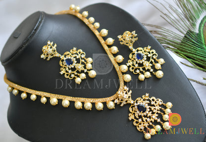 Gold tone cz-dark blue-white pearl necklace set dj-01666