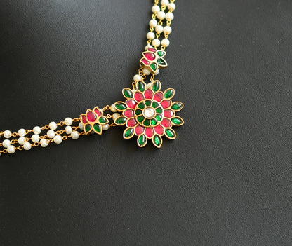 Gold tone pink-green-white kundan jadau Lotus pearl choker necklace dj-41827