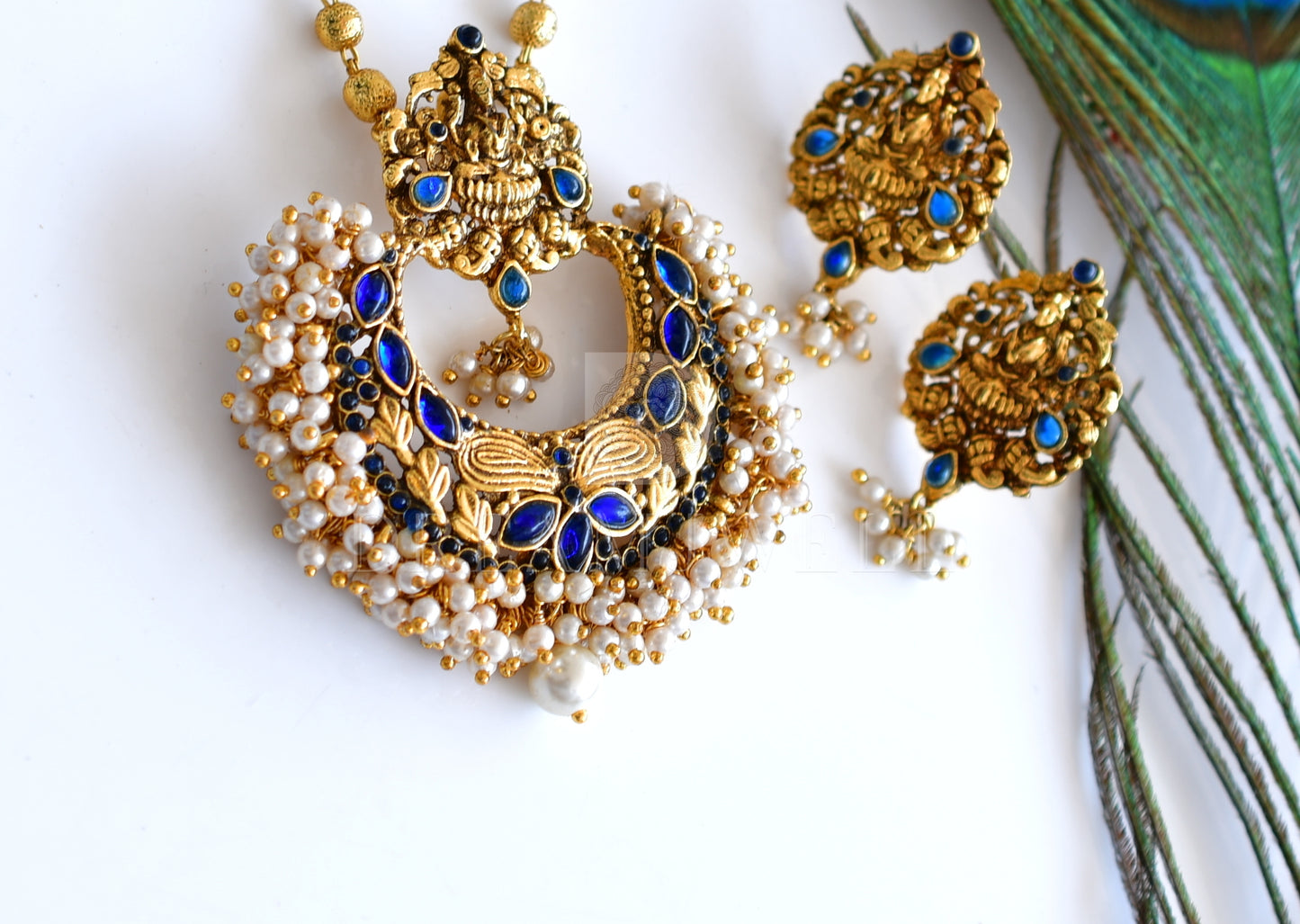 Antique blue lakshmi pearl cluster pendant necklace set dj-04987