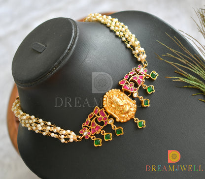 Gold tone pink-green kundan jadau Ganesha pearl choker necklace dj-38190