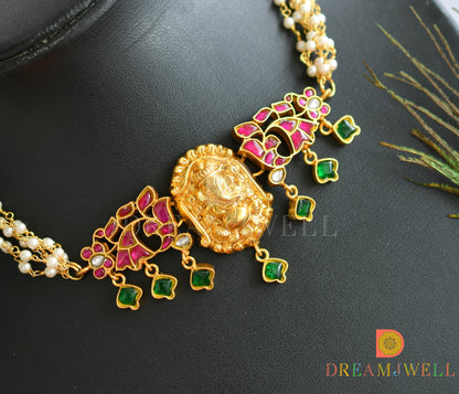 Gold tone pink-green kundan jadau Ganesha pearl choker necklace dj-38190