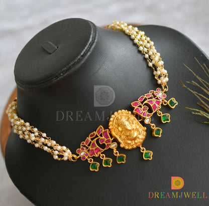 Gold tone pink-green kundan jadau Ganesha pearl choker necklace dj-38190