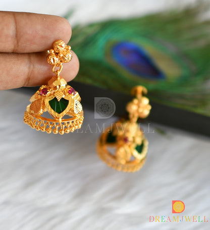 Gold tone pink-green palakka Kerala style jhumkka dj-38219