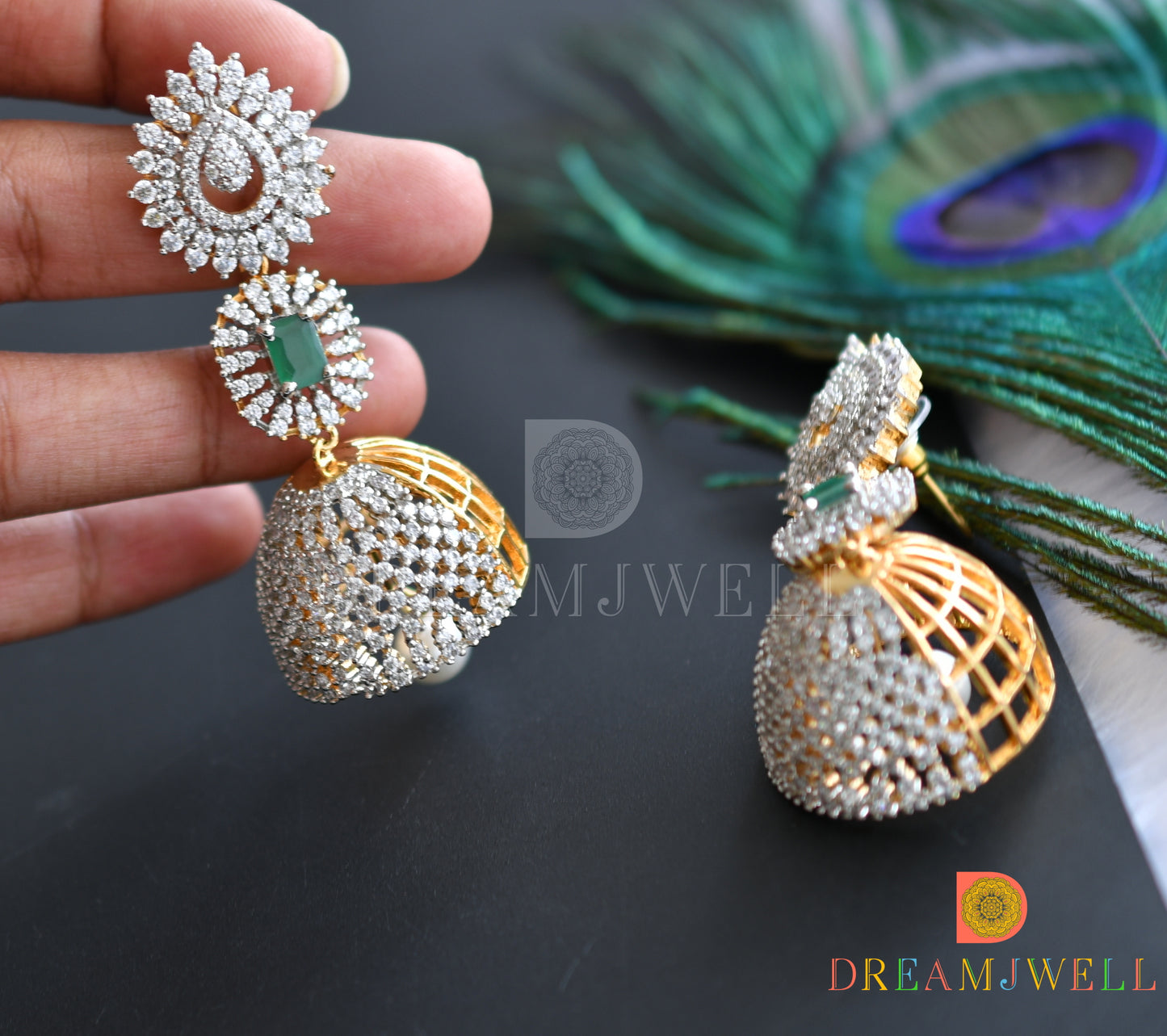 Two tone cz emerald-white diamond look alike lotus designer semi bridal set dj-34456