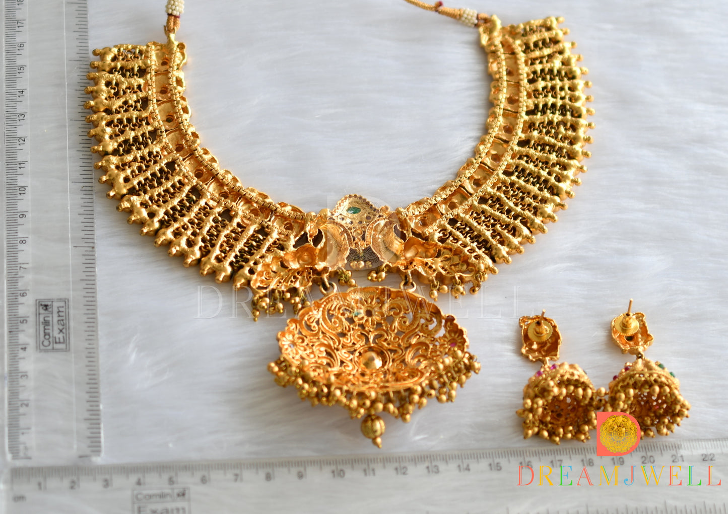 Matt Finish huge kemp-green peacock gold cluster necklace set dj-30898