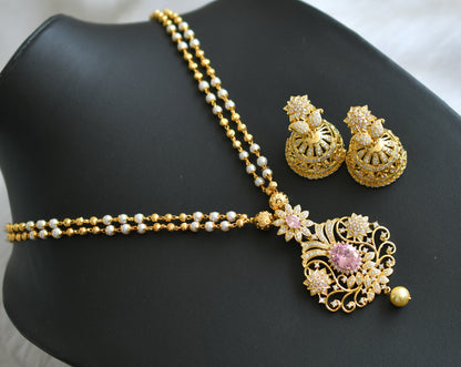 Gold tone cz white-baby pink stone pearl chain necklace set dj-41823