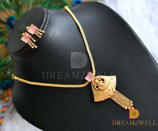 Gold tone square baby pink stone Lakshmi necklace set dj-38199