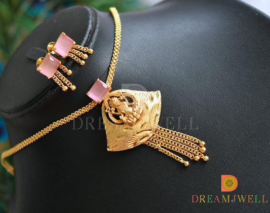 Gold tone square baby pink stone Lakshmi necklace set dj-38199