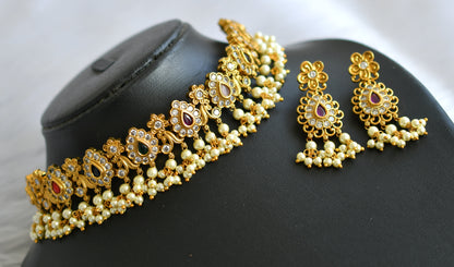 Matte finish navarathna stone gutta pusalu choker necklace set dj-39736