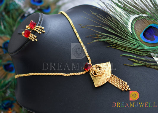 Gold tone square red stone Lakshmi necklace set dj-38200