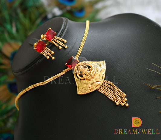 Gold tone square red stone Lakshmi necklace set dj-38200