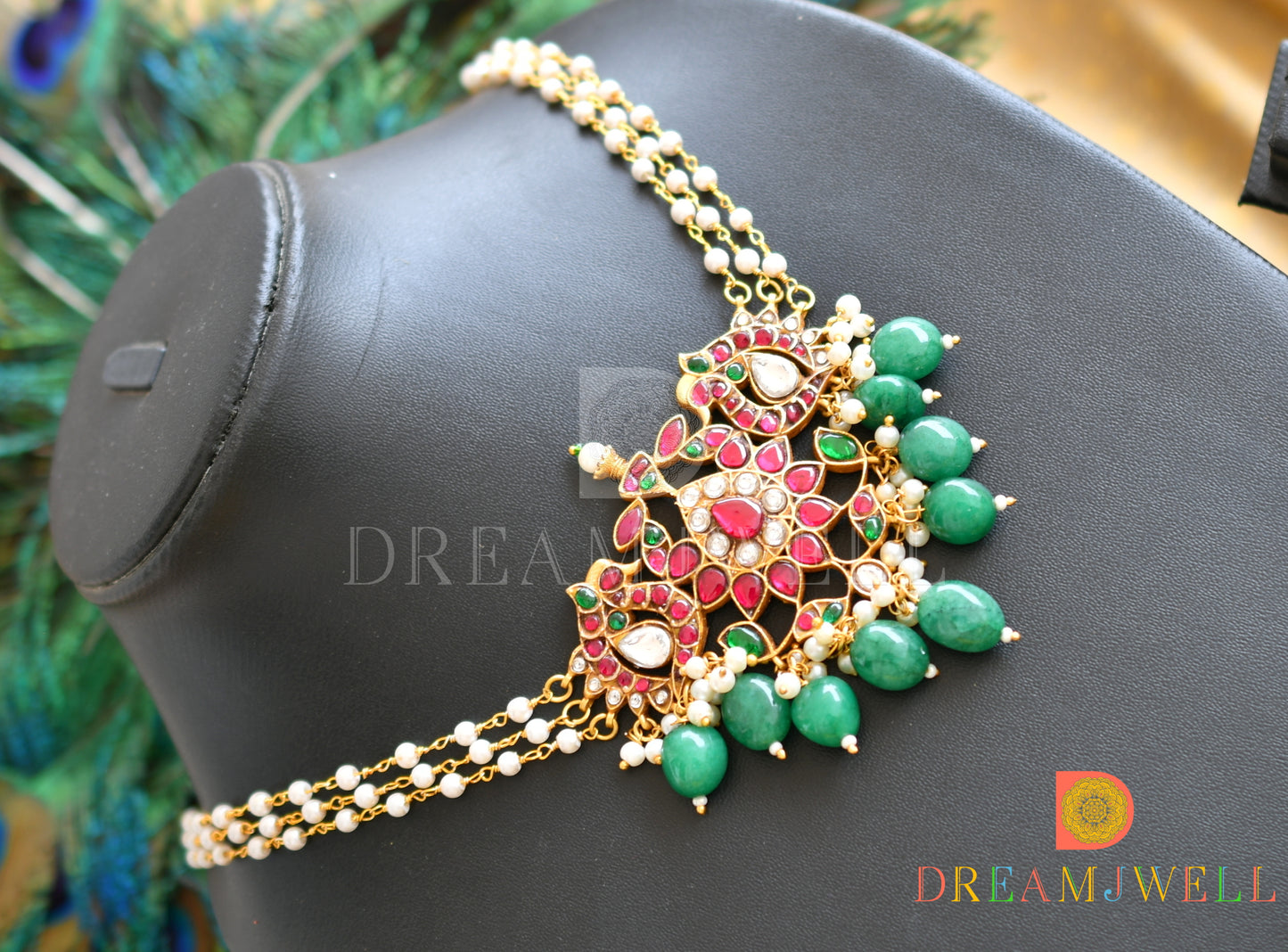 Gold look alike Pink-green-white kundan jadau swan necklace dj-36681