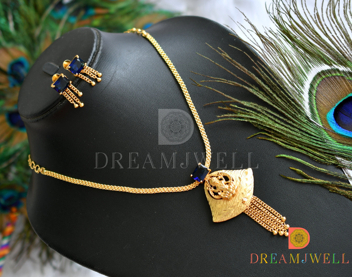 Gold tone square blue stone Lakshmi necklace set dj-38201