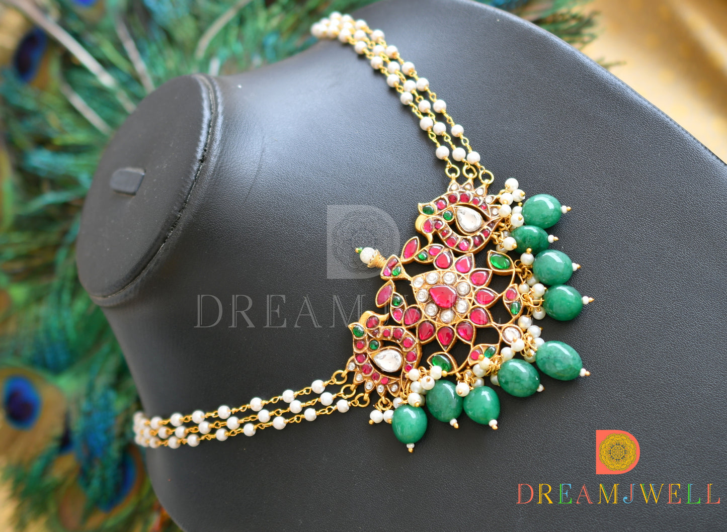 Gold look alike Pink-green-white kundan jadau swan necklace dj-36681