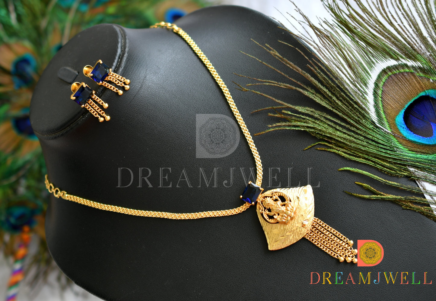 Gold tone square blue stone Lakshmi necklace set dj-38201