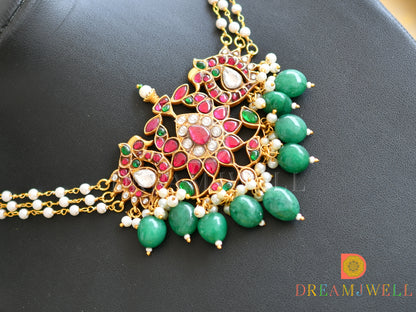 Gold look alike Pink-green-white kundan jadau swan necklace dj-36681