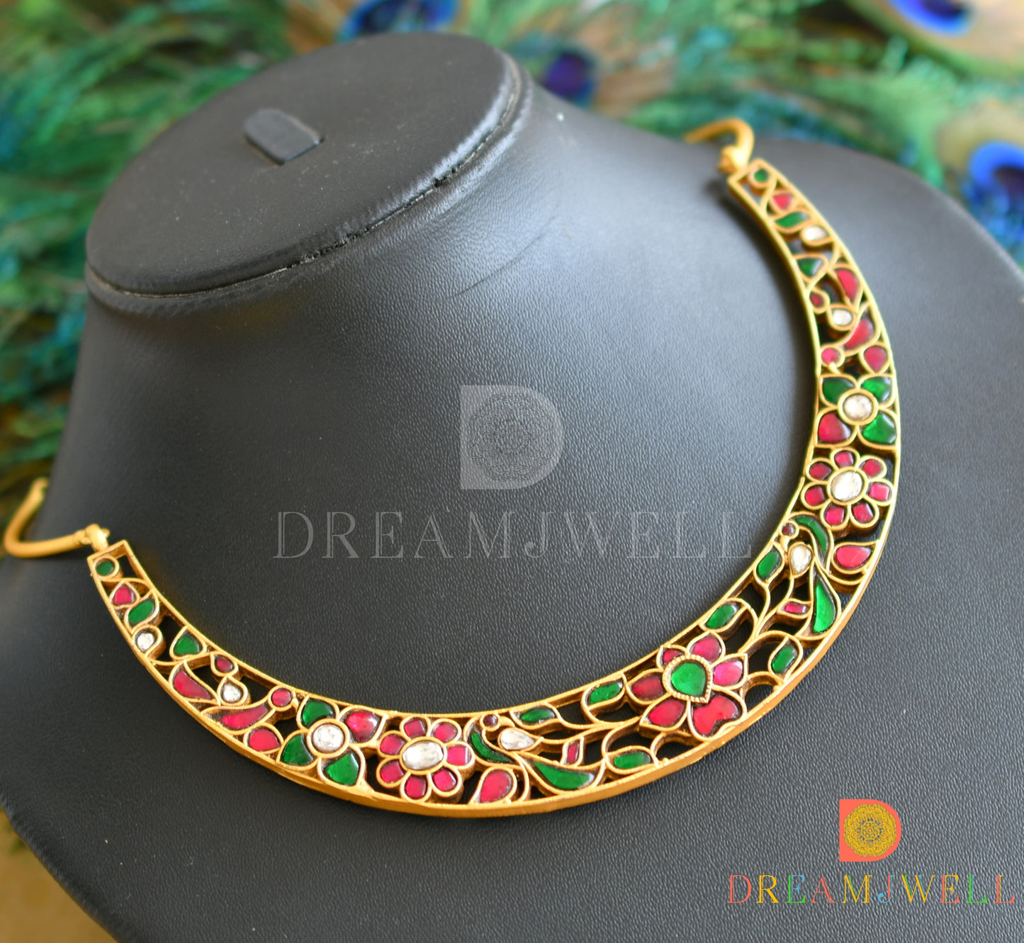 Gold look alike pink-green-white kundan jadau Lotus necklace dj-36682