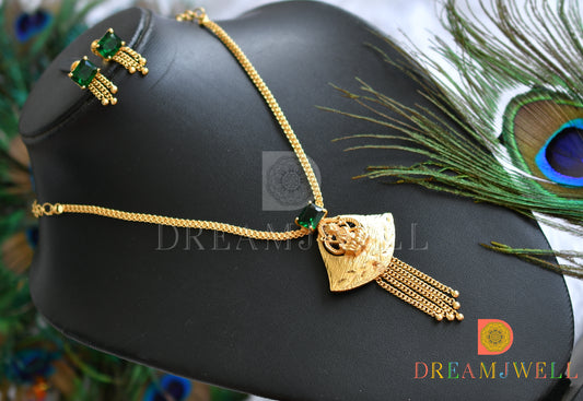 Gold tone square bottle green stone Lakshmi necklace set dj-38202