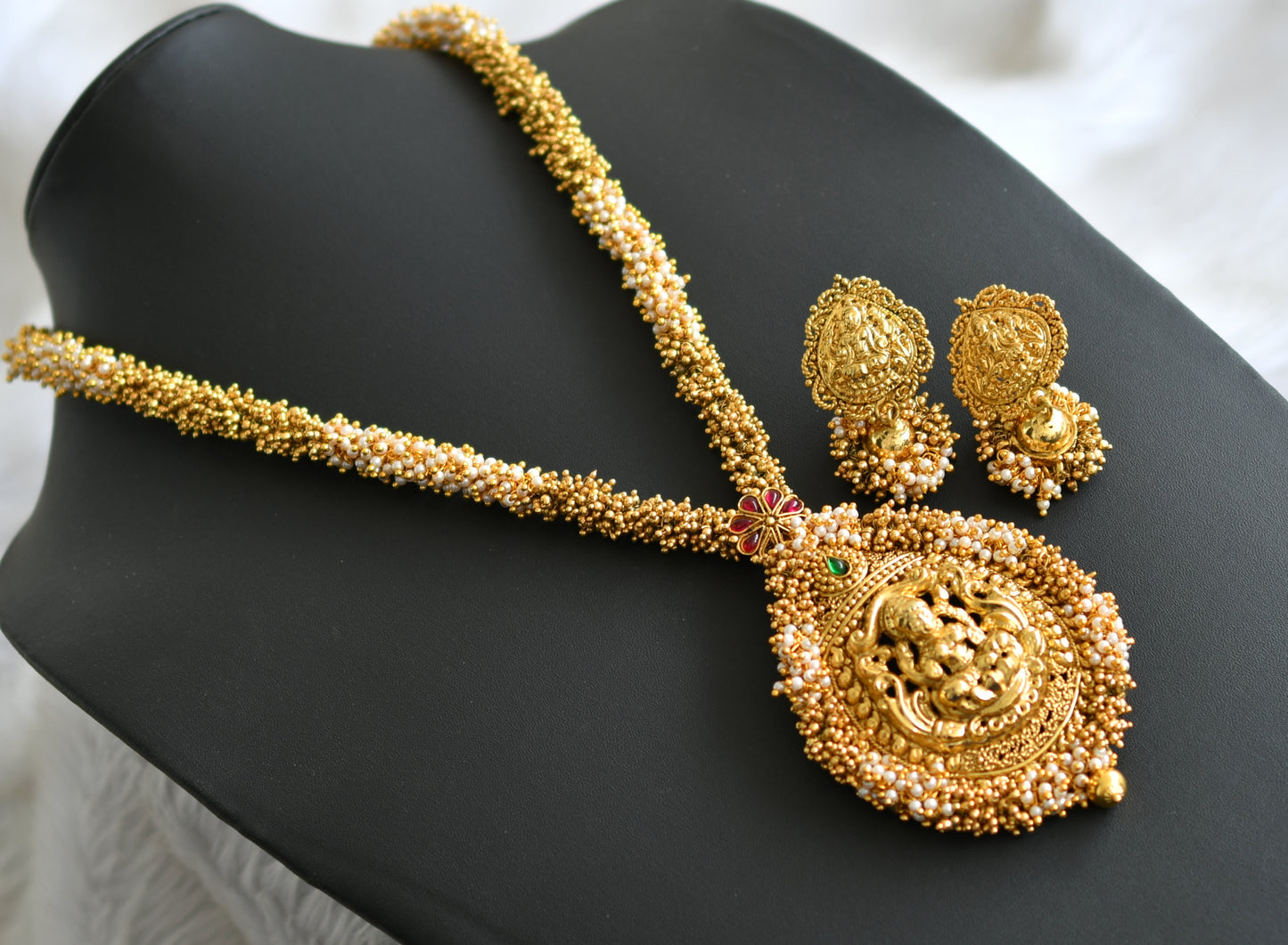 Antique kemp gold-pearl cluster huge Lakshmi haar set dj-41836