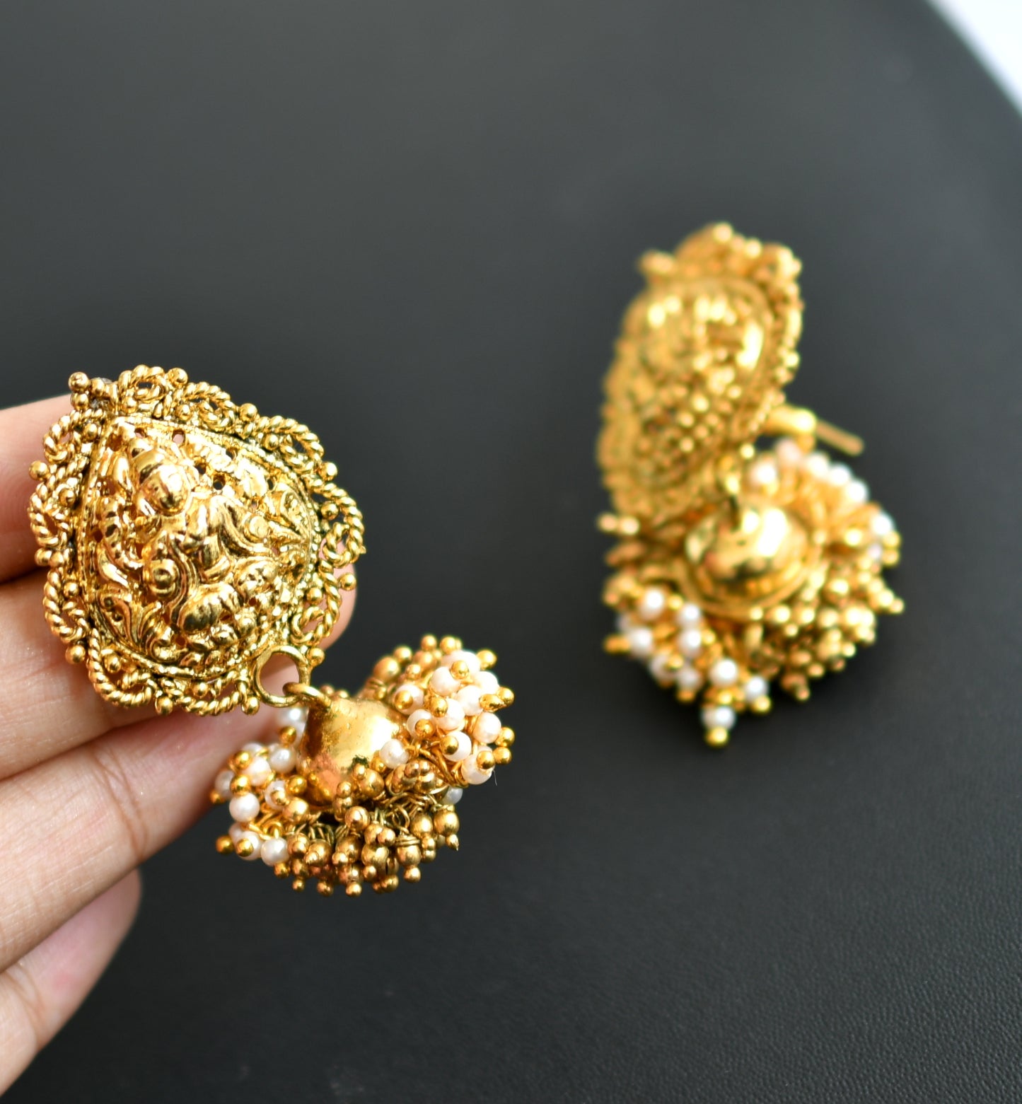 Antique kemp gold-pearl cluster huge Lakshmi haar set dj-41836