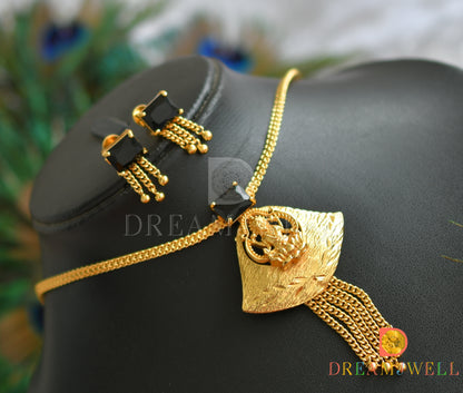 Gold tone square black stone Lakshmi necklace set dj-38203