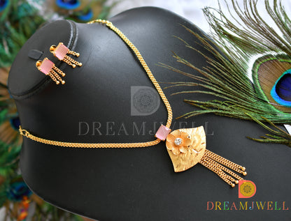 Gold tone baby pink square stone flower necklace set dj-38204