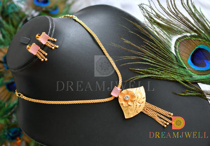 Gold tone baby pink square stone flower necklace set dj-38204
