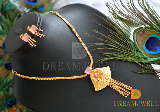 Gold tone baby pink square stone flower necklace set dj-38204
