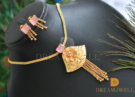 Gold tone baby pink square stone flower necklace set dj-38204