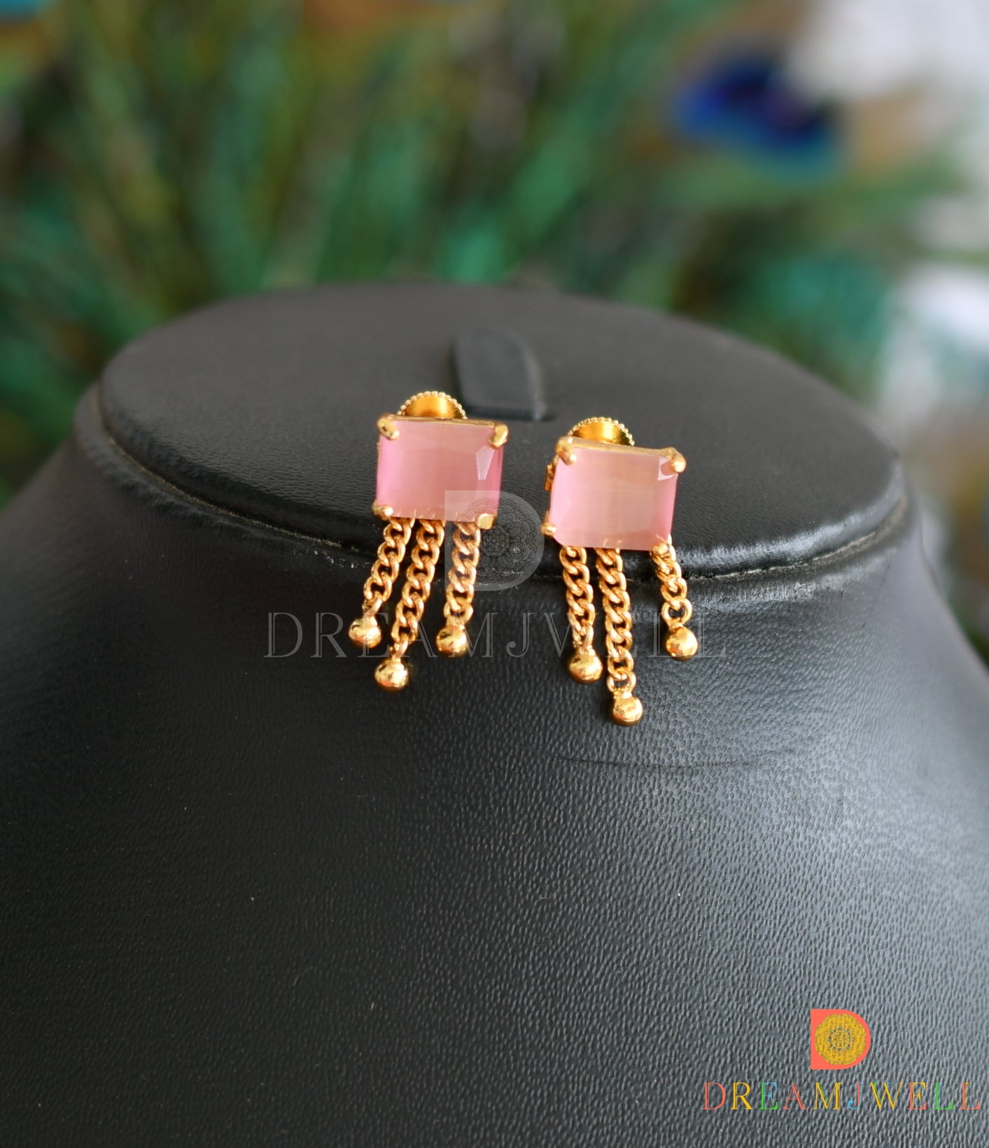 Gold tone baby pink square stone flower necklace set dj-38204