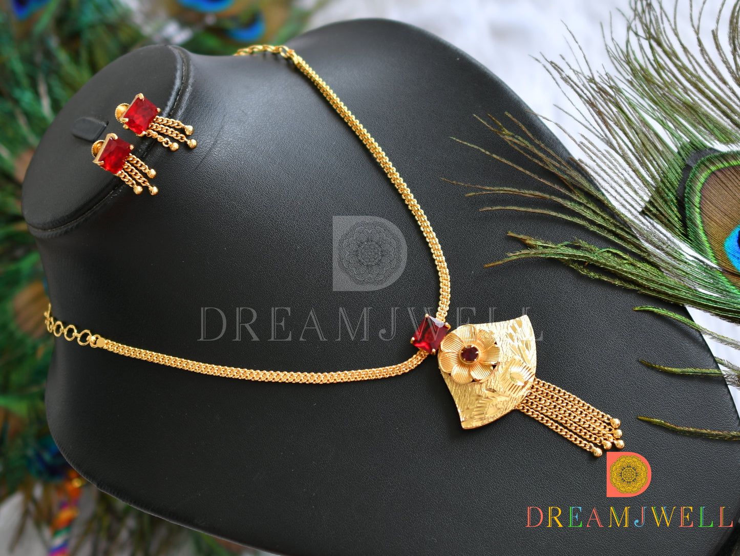 Gold tone red square stone flower necklace set dj-38205
