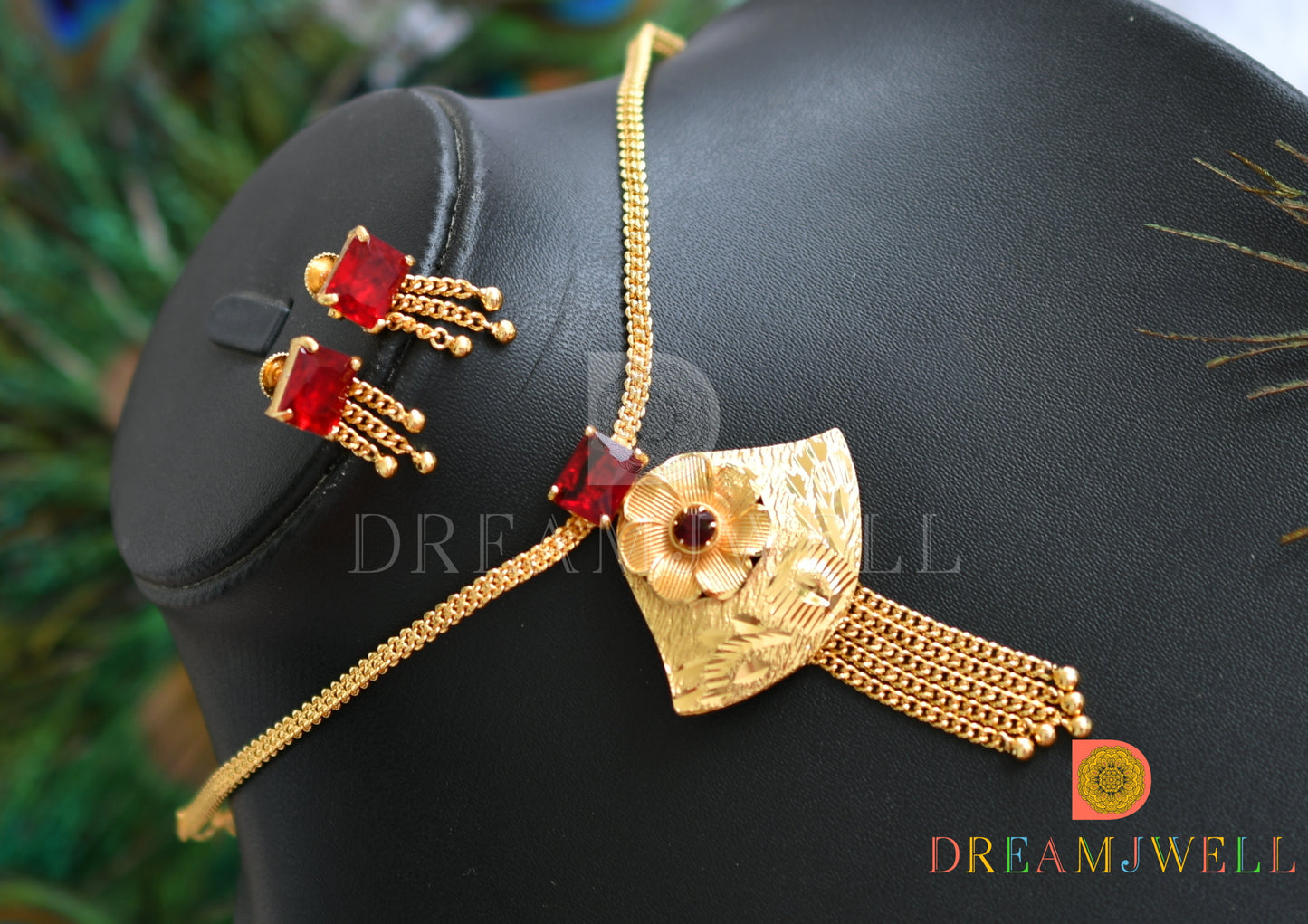 Gold tone red square stone flower necklace set dj-38205