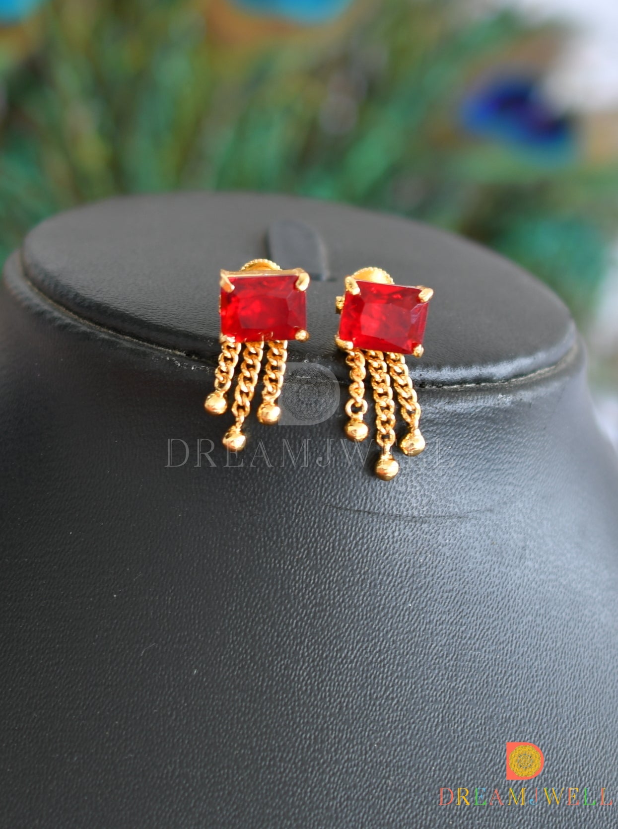 Gold tone red square stone flower necklace set dj-38205