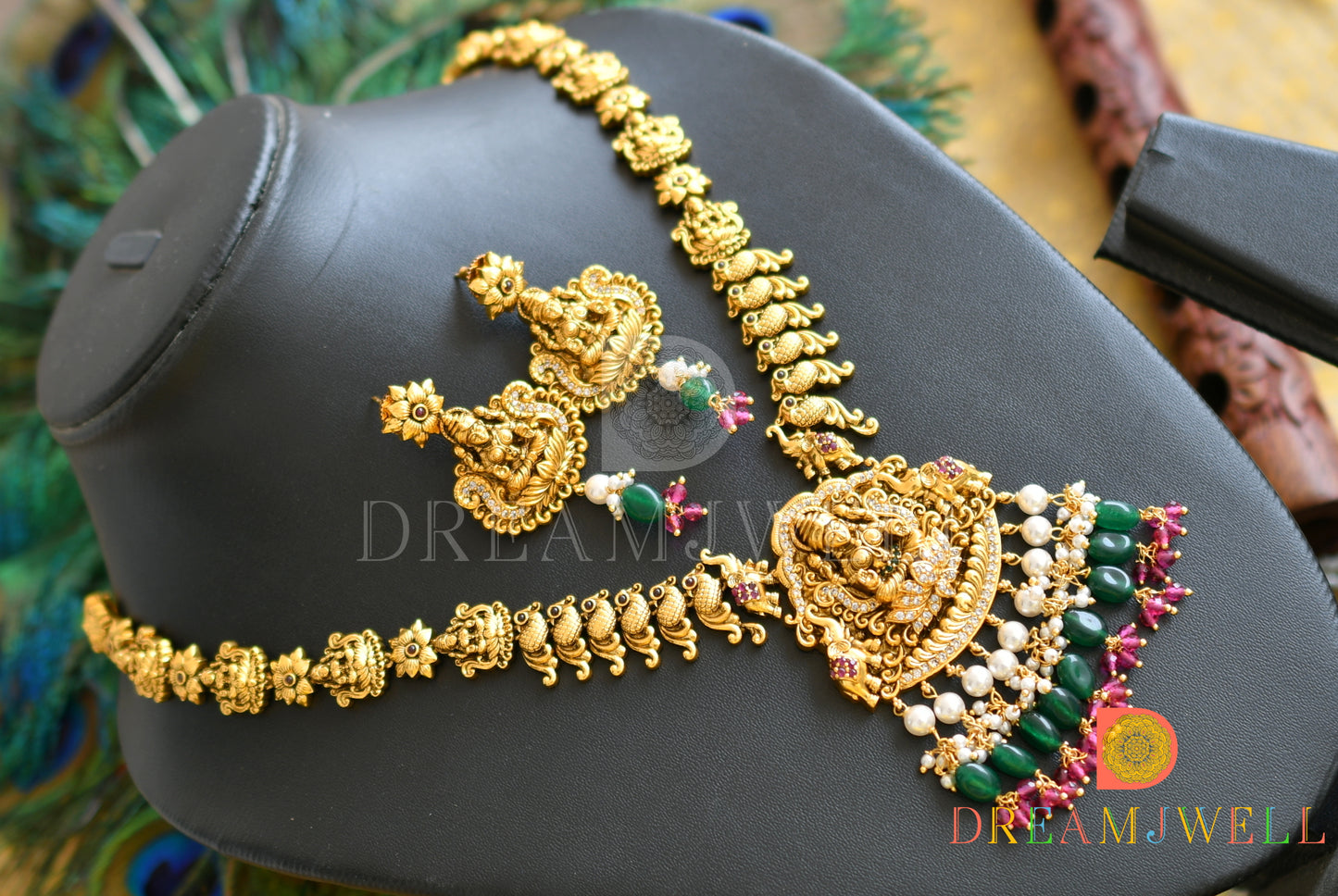 Antique ruby-emerald-white Lakshmi-peacock-Elephant necklace set dj-36676