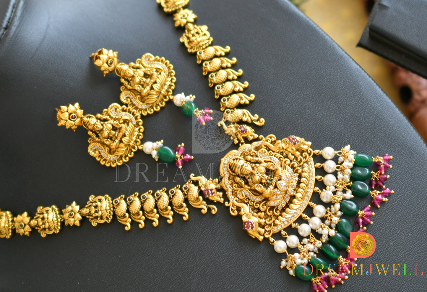 Antique ruby-emerald-white Lakshmi-peacock-Elephant necklace set dj-36676