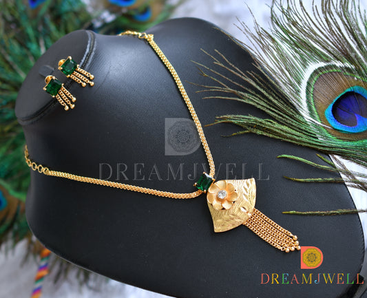 Gold tone bottle green square stone flower necklace set dj-38207