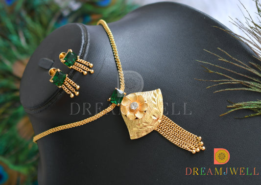 Gold tone bottle green square stone flower necklace set dj-38207