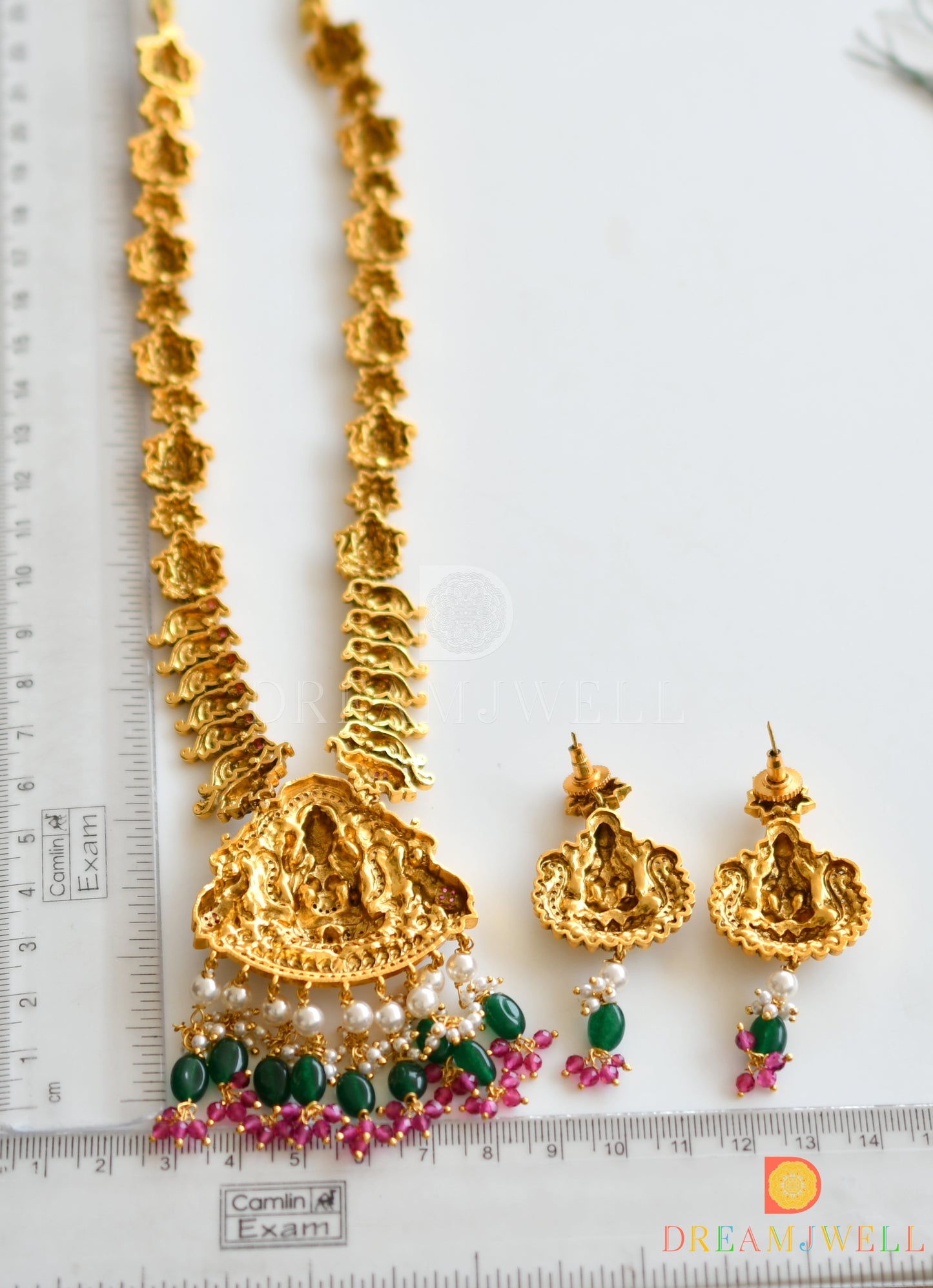 Antique ruby-emerald-white Lakshmi-peacock-Elephant necklace set dj-36676