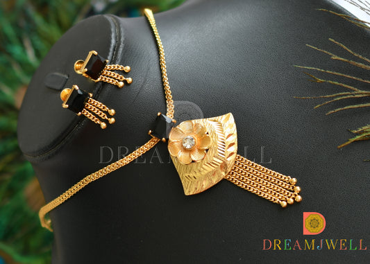 Gold tone black square stone flower necklace set dj-38208