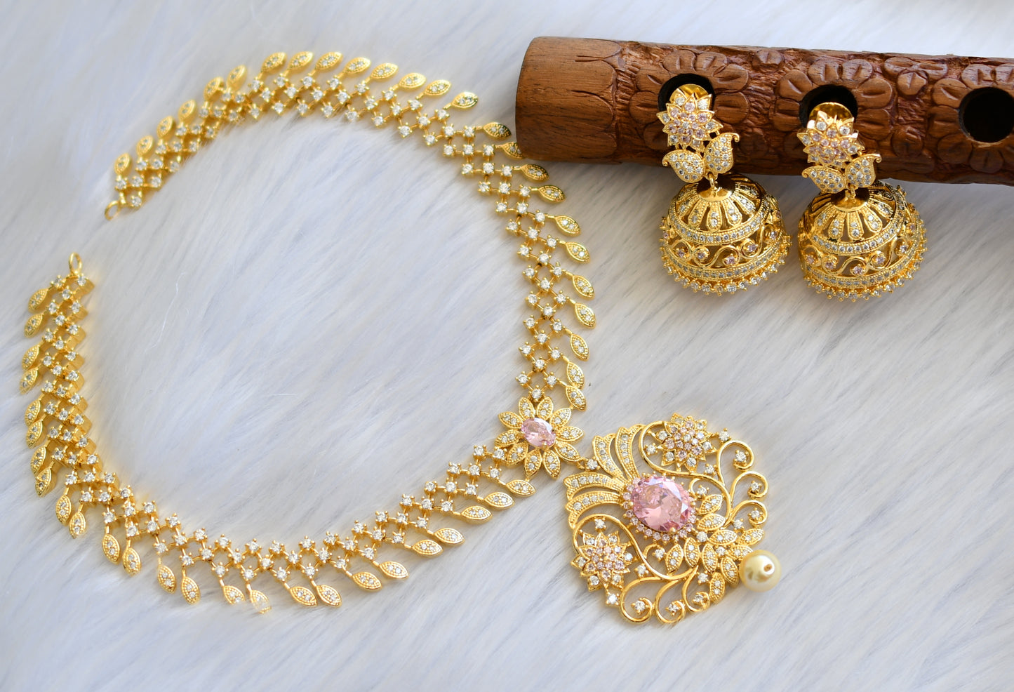 Gold Tone Cz-baby Pink peacock Necklace Set dj-05656