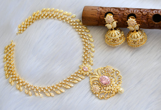 Gold Tone Cz-baby Pink peacock Necklace Set dj-05656