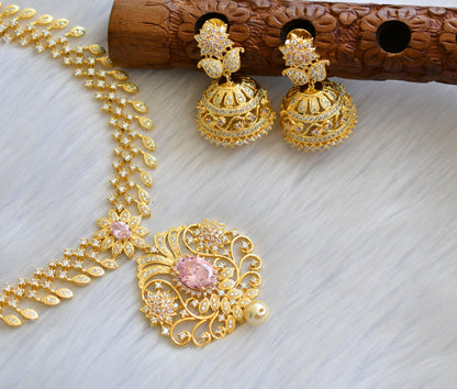 Gold Tone Cz-baby Pink peacock Necklace Set dj-05656