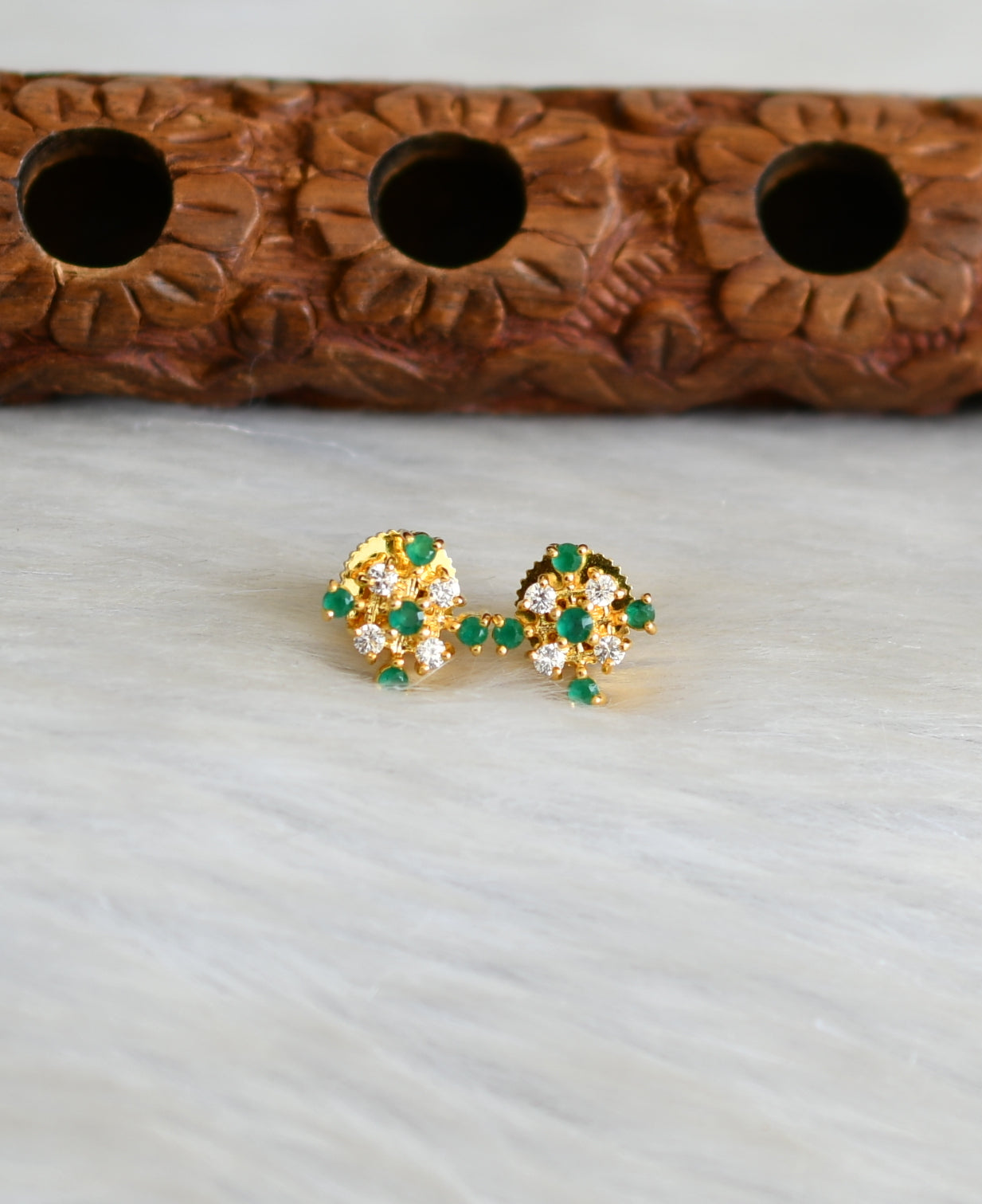 Gold tone white-green stone earrings small stud dj-41788