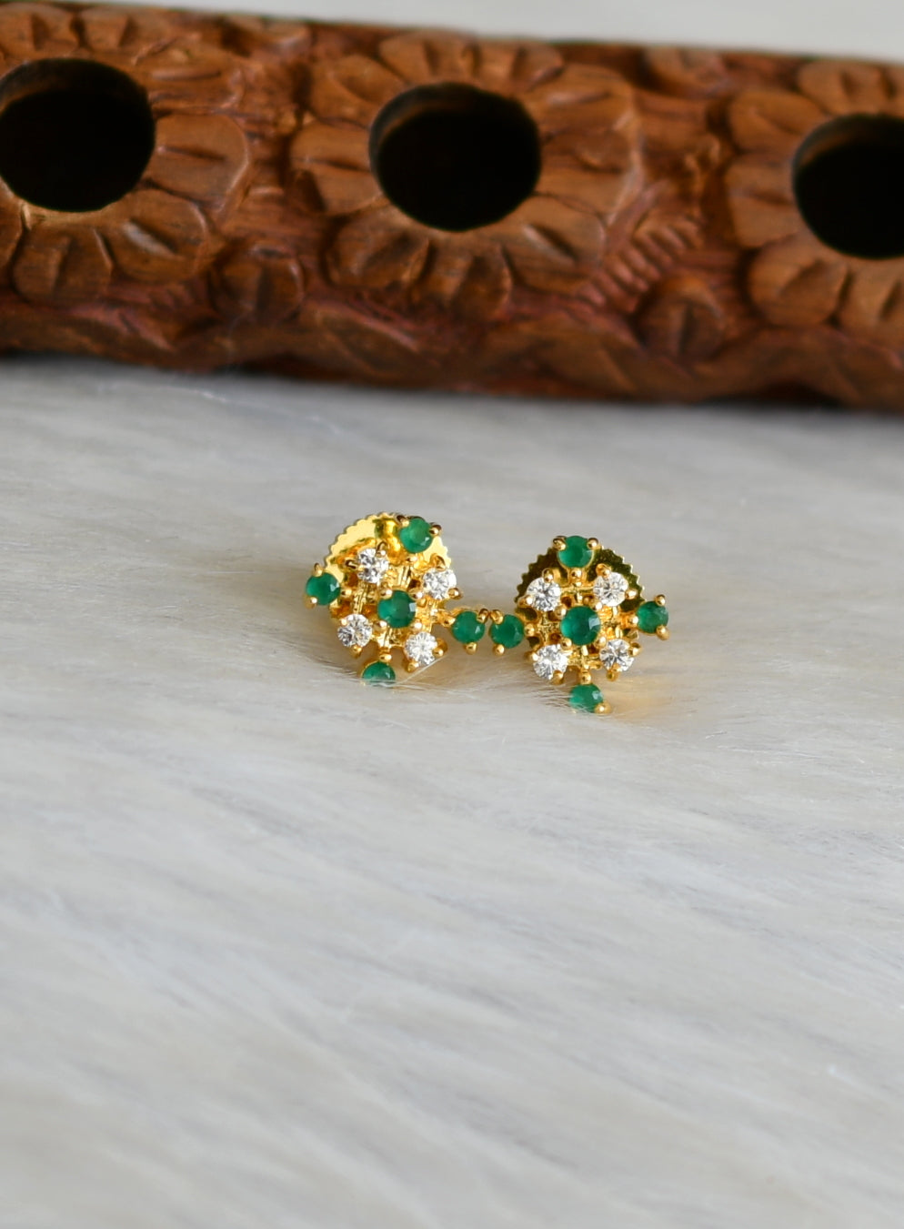 Gold tone white-green stone earrings small stud dj-41788