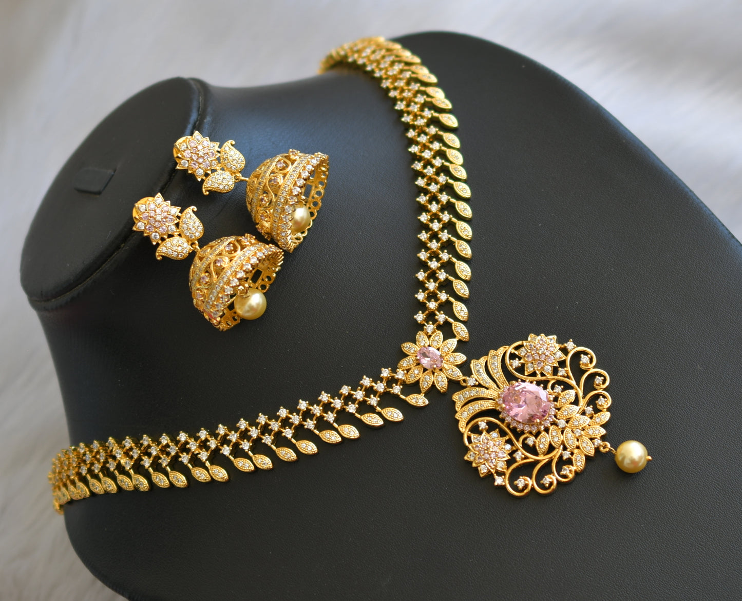 Gold Tone Cz-baby Pink peacock Necklace Set dj-05656