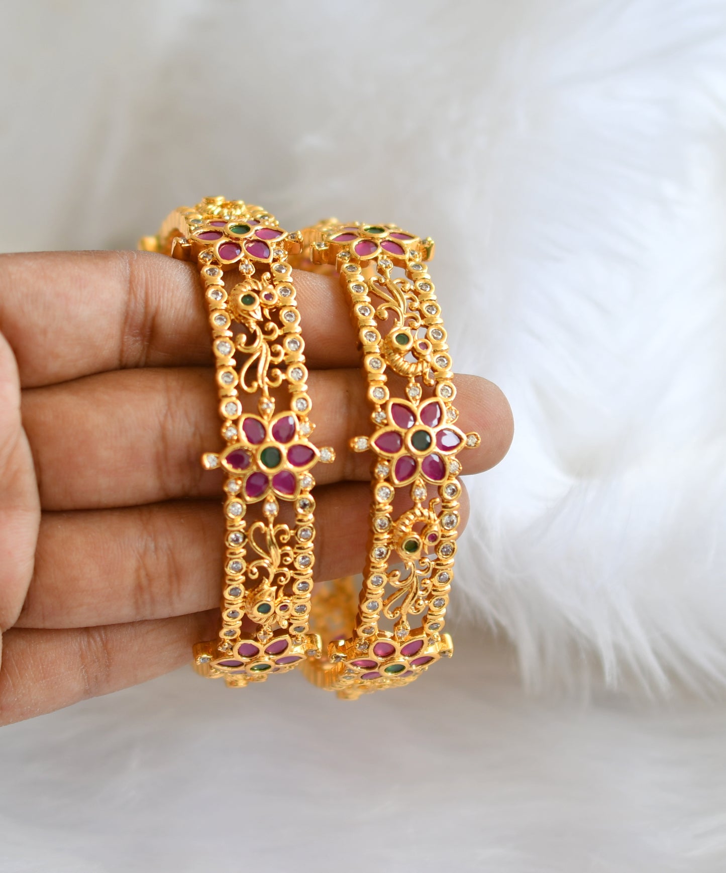 Gold tone ruby-emerald flower-peacock bangles (2.10) dj-39060